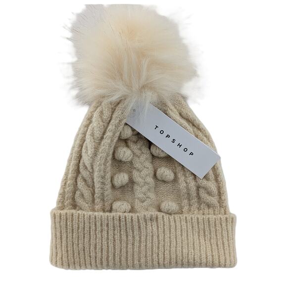 Topshop Accessories - Cream Cable Knit Beanie Cuffed Pom Hat by Topshop
